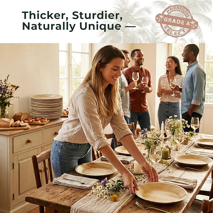 Indie Palm Disposable Palm Leaf Plates – 50 Pack 10 Inch Round – Heavy Duty, 100% Compostable & Biodegradable – Eco-Friendly Alternative to Plastic & Bamboo – Perfect for Parties & Events