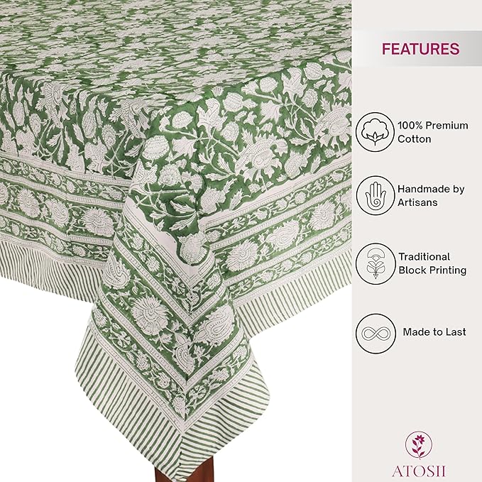 ATOSII Meraki Green 100% Cotton Spring Summer Tablecloth, Block Print Rectangle Table Cover - Dining, Parties, Outdoors, Weddings, Grand Millennial Decor 60 X 60 Inches I 4 Seater I