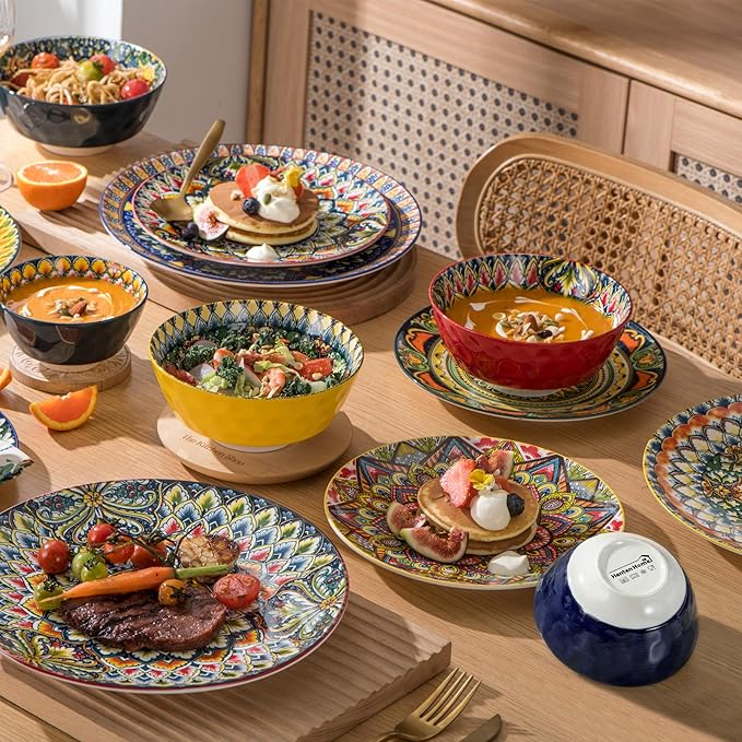 Henten Home Ceramic 12 Pieces Dinnerware Sets, Bohemia Dinner Plates, Soup Bowls, Porcelain Dinnerware Set for 4, Microwave & Dishwasher Safe, Scratch Resistant