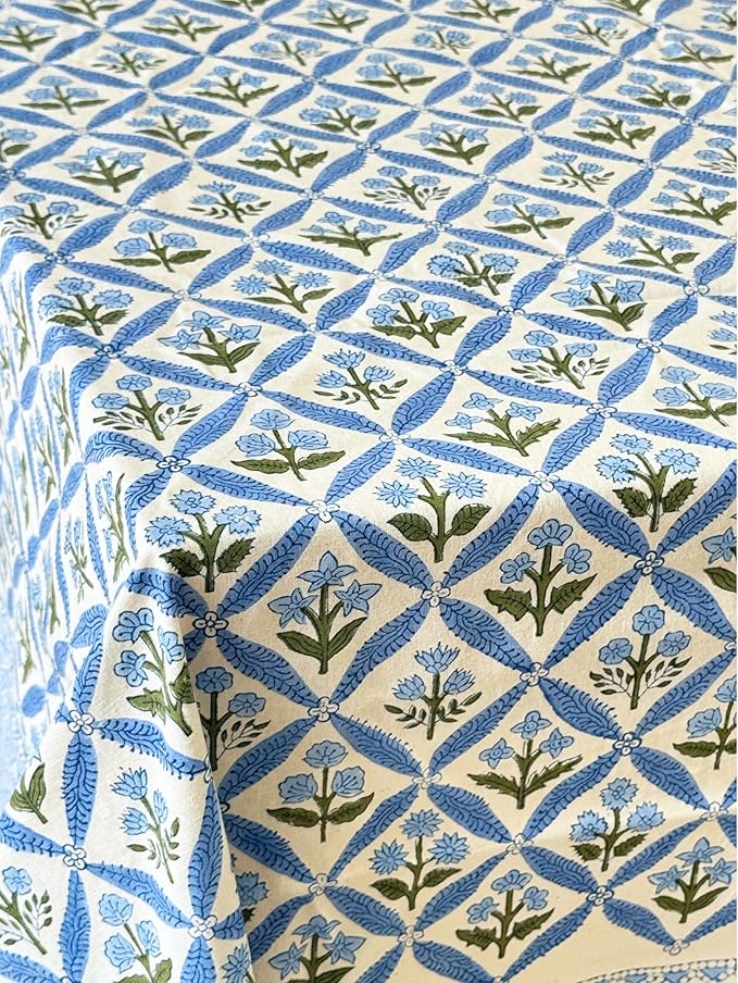 ATOSII Netta Blue 100% Cotton Round Tablecloth, Handblock Print Floral Table Cloth for Kitchen Dining Linen I Parties, Weddings, Outdoors, Picnics I Farmhouse Home Decor 90" Inches Round