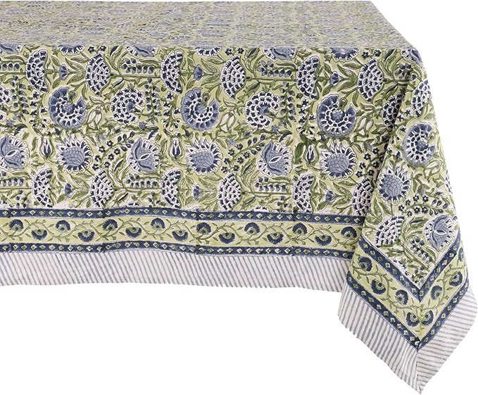 ATOSII Amara Green 100% Cotton Rectangle Fall Tablecloth, Handblock Floral Print Linen Table Cloth for Kitchen Dining I Parties, Weddings, Outdoors, Easter I Home Decor 60 X 90 Inches I 6 Seater