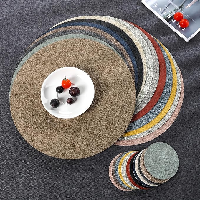 Myir JUN Round Placemats, Dual Sided Faux Leather Place Mats Set of 4 Indoor/Outdoor Non-Slip Washable Table Mats (Gray Black, Set of 4)