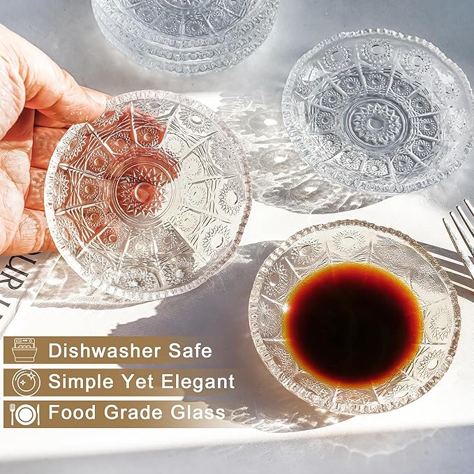 kanpura Soy Sauce Dishes, Small Dipping Sauce Cups and Bowls, Serving Dishes for Condiments, Snacks, Glass Sauce Dipping Bowls, Dishwasher Safe, 3.9 Inch, Set of 6, Clear
