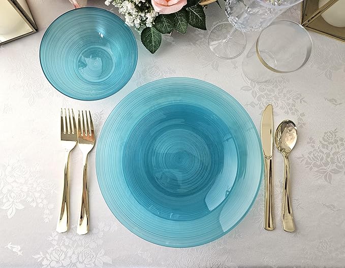 " OCCASIONS " 50 Plates Pack (25 Guests)-Wedding Party Disposable Plastic Plate Set -25 x 10'' Dinner + 25 x 7'' Salad & Dessert plates (Belize in Aqua)