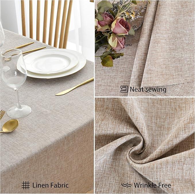 JIUZHEN Faux Linen Farmhouse Tablecloth Rectangular, Wrinkle Stain Resistant Table Cloth Rectangle Table Cover for Kitchen Dining, Holiday Party Dinner, Stone, 60 x 140 Inch