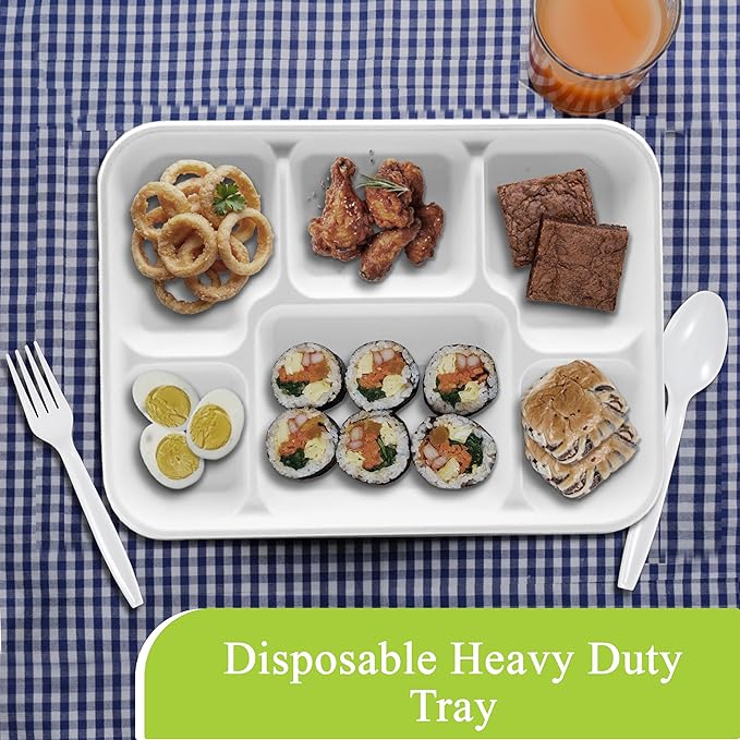 three leaf 6 Compartment Bagasse Tray 50 Ct. Heavy Duty, Super Strong,Eco Friendly Disposable Bagasse Plates,100% Biodegradable Plates, Microwave and Freezer Safe, Ideal for Party, Dinner and Picnic