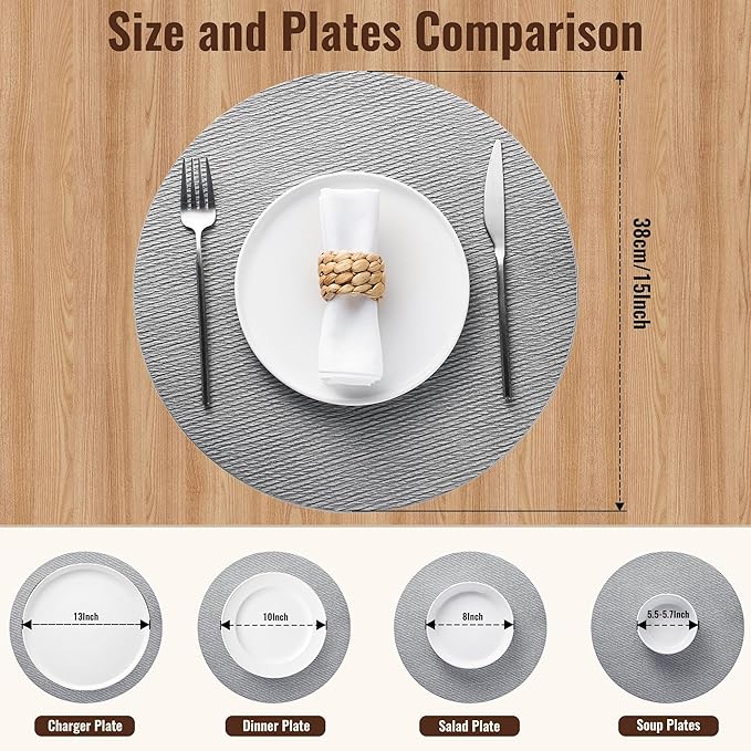 Jovono 15" Faux Leather Big Round Placemats Set of 6 - Washable Heat Resistant Non-Slip Dining Table Mats with Fabric Texture for Kitchen Home Party Decor, Light Gray