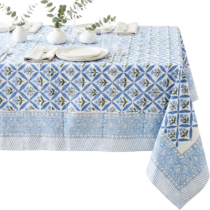 ATOSII Netta Blue 100% Cotton Square Summer Tablecloth, Handblock Floral Print Linen Table Cloth for Kitchen Dining I Parties, Weddings, Outdoors, 60 X 60 Inches I 4 Seater