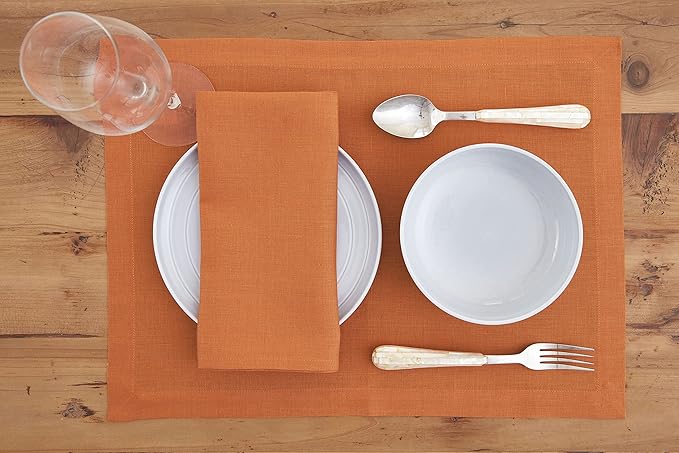 Solino Home Linen Placemats Set of 4 - Pumpkin Placemats 14 x 19 Inch - 100% Pure Linen Table Place Mats - Fete