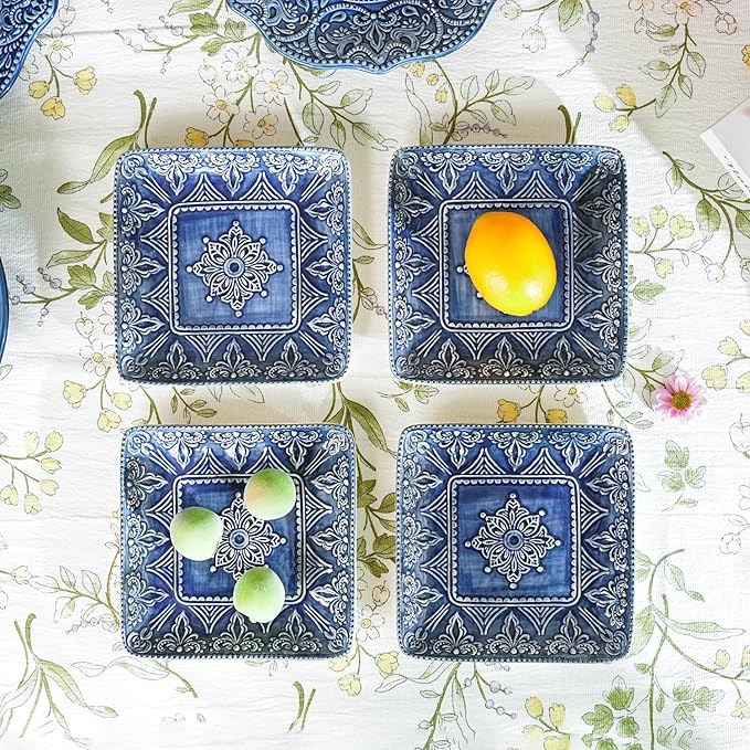 Sungmor Embossed Stoneware Fine Dining Dinnerware, Antique Baroque Style Porcelain 6 Inch Square Appetizer Plates Set of 4, Sophisticated Ceramic Small Dinner Plates Serving Dish for Dessert, Salad