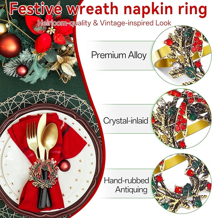 ZeeDix Christmas Wreath Napkin Rings Set of 8, Rhinestone Holiday Christmas Napkin Ring Holders for Cloth Napkins, Xmas Napkin Rings for Thanksgiving Holiday Dinner Parties