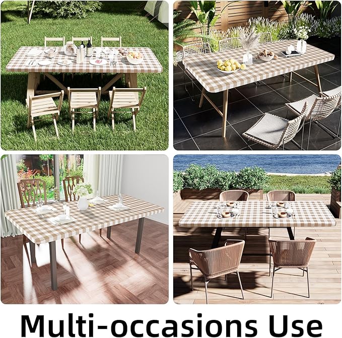 Smiry Rectangle Picnic Table Cloth, Elastic Waterproof Fitted Vinyl Tablecloths, Flannel Backed Buffalo Plaid Table Covers for Dining, Camping, Outdoor (White and Khaki, 36" x 96")