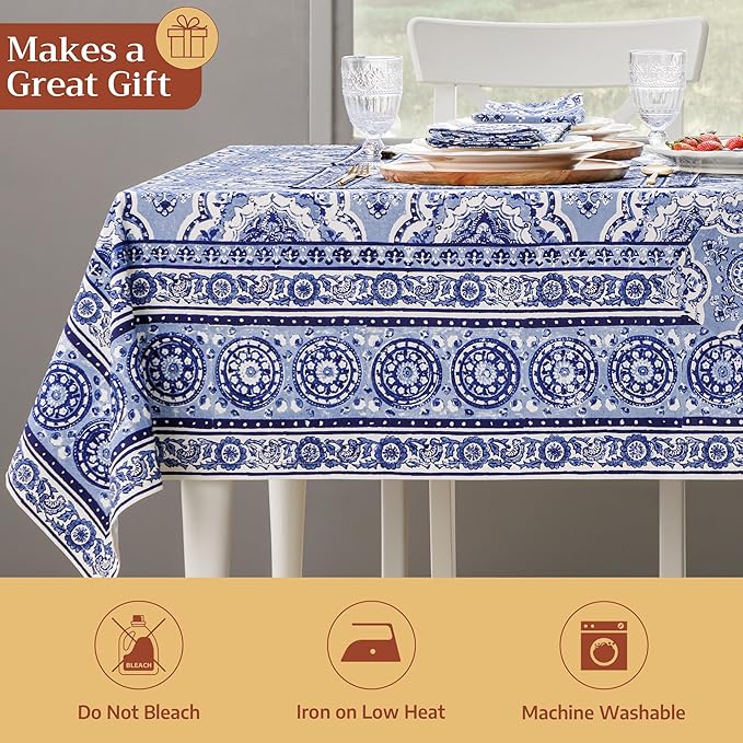 Maison d' Hermine Table Cloth Rectangle Table 100% Cotton 60 x 120 Inches Tablecloth Reusable Decorative for Dining Room Farmhouse Home Valentines Day Decorations Spring Summer - Melodie Bleue