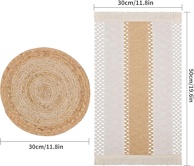 Handmade Boho Placemats Set of 6 - Natural Cotton Burlap and Water Straw Woven Rattan Wicker Braided Combination Table Mats, Macrame Table Décor Farmhouse Bohemian Style for Dining Room Table Kitchen