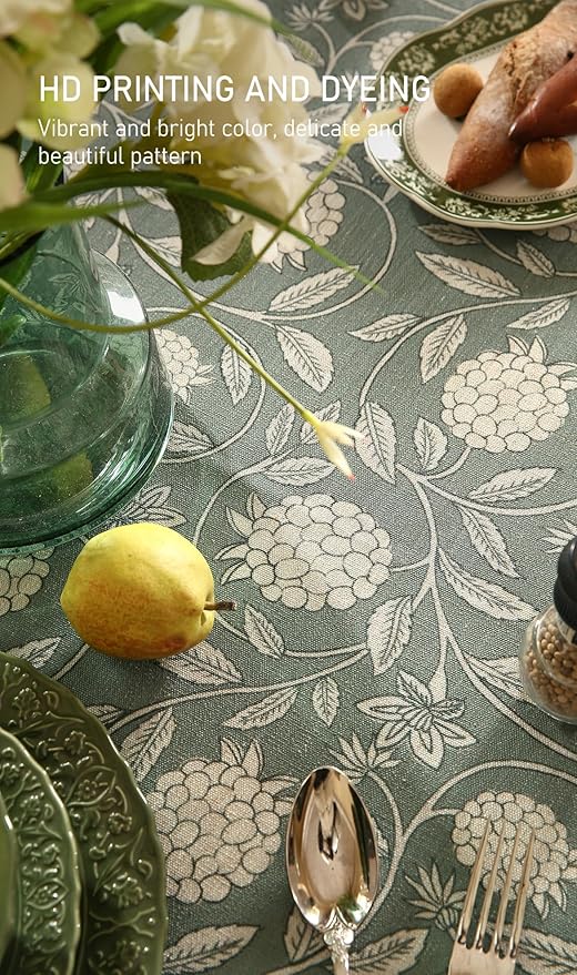 ISAENNE Designer Grayish Green Linen Extra Long Tablecloth Rectangle,Floral Stain Resistant Table Cloth,Fall Vintage Decor Tablecloths for Dining Thanksgiving Kitchen,63"*110"-Andrew A