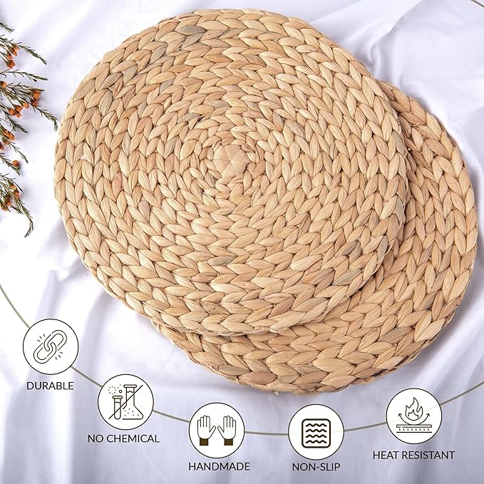 13.5" Water Hyacinth Woven Round Placemats Set of 6 - Wicker Boho Farmhouse Placemats - Rattan Table Mats for Dining Table, Wedding, Home