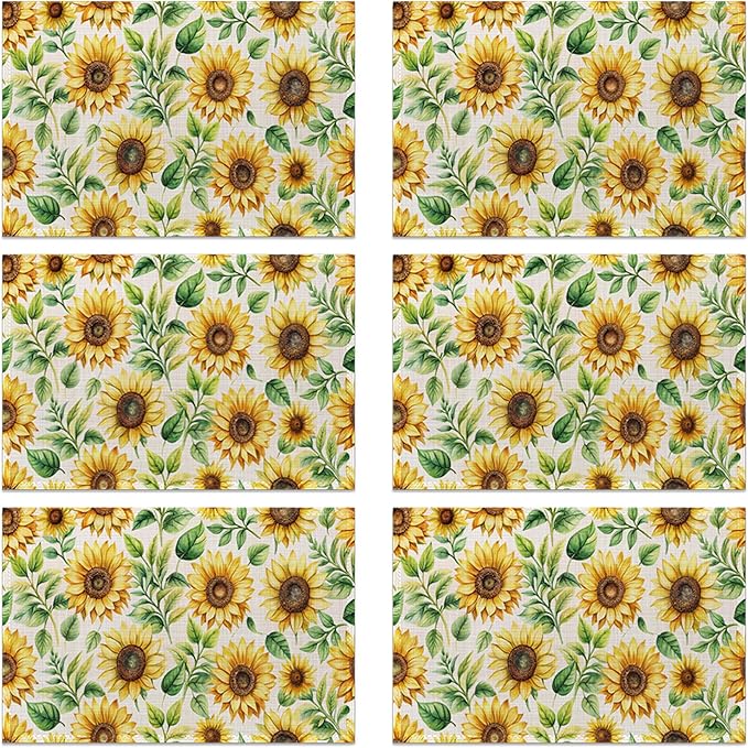 Watercolor Sunflower Placemats Set of 6, 12x18 Inch Waterproof Non-Slip Washable Seasonal Spring Table Mats for Kitchen Dining Party Table Decor