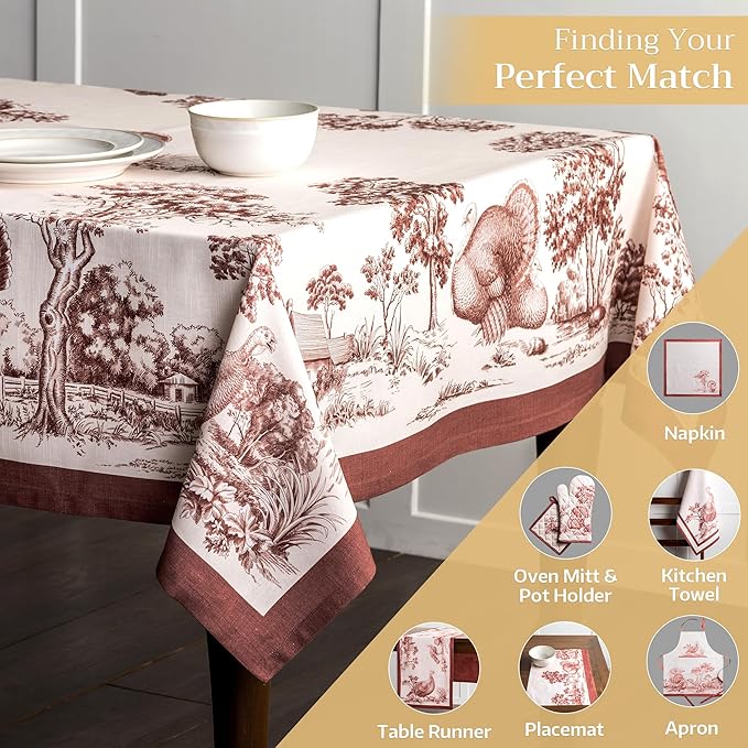 Maison d' Hermine Table Cloth Rectangle Table 100% Cotton 70 x 108 Inches Fall Tablecloth Reusable Everyday Use for Thanksgiving Christmas Decorations Dining Farmhouse Party (Holy Jouy - Brown)