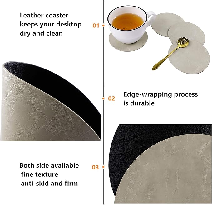 Set of 6 Faux Leather Round Placemats and Coasters, Coffee Mats Kitchen Table Mats, Waterproof, Easy to Clean for Kitchen Dining Round Table