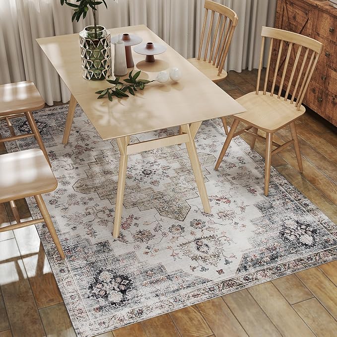 HOMCOM Washable Area Rug, 5'x7' Vintage Indoor Distressed Carpet, Retro Floor Cover Foldable, Floral Print Mat for Living Room, Bedroom, Dining Room, Brown and Green