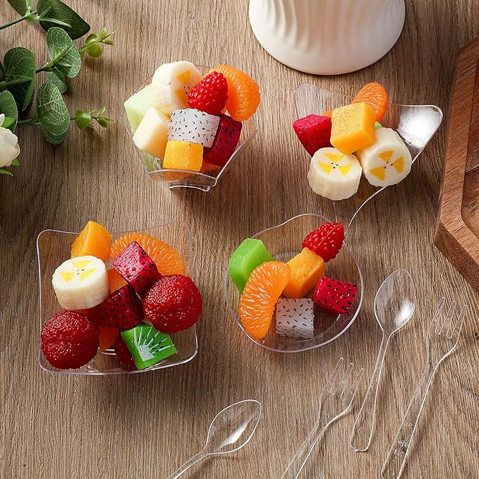 Tessco 800 Pcs Mini Appetizer Plates Set Including 400 Disposable Dessert Plates Assorted Shape 200 Mini Plastic Forks 200 Plastic Spoons for Party(Clear,Stylish)