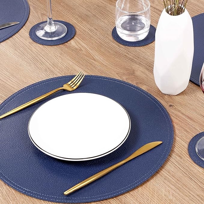 Set of 6 Faux Leather Round Placemats and Coasters, Coffee Mats Kitchen Table Mats, Waterproof, Easy to Clean for Kitchen Dining Round Table