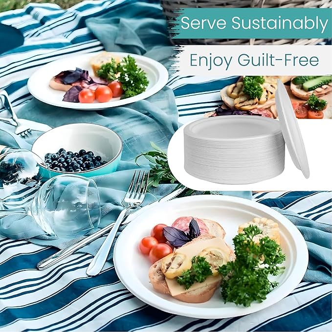 100-Pack Heavy-Duty Compostable Paper Plates 6 Inch Biodegradable Disposable Dessert Plates Natural Sugarcane Bagasse, Eco-Friendly & Microwave Safe - Ideal for Parties or Everyday Use