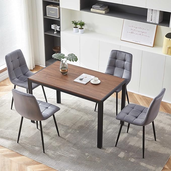 5 PCS Dining Table Set for 4, Modern Engineered Wood Table Walnut Wipe Clean with 4 Upholstered Velvet Home Chair Soft No Arms Accent Chairs with Back for Small Spaces