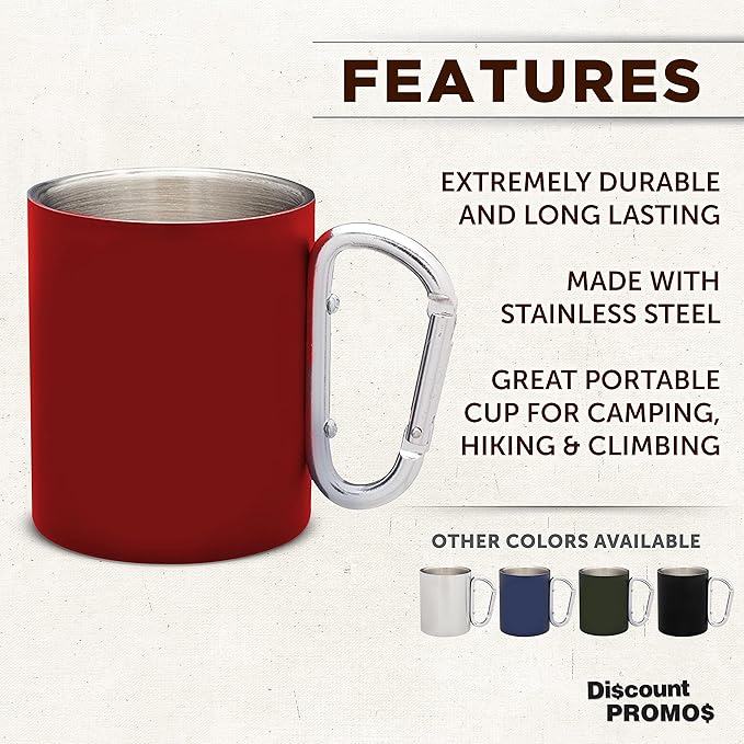 DISCOUNT PROMOS Stainless Steel Mugs with Carabiner Handle 10 oz. Set of 10, Bulk Pack - Perfect for Coffee, Soda, Other Hot & Cold Beverages - Red