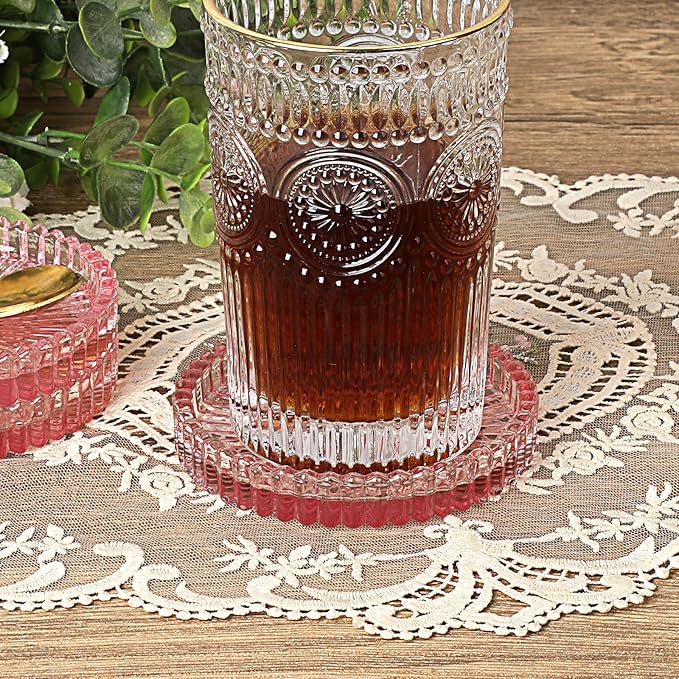 JUXYES 5 Pack Amber Tone Crystal Coasters Round Cup Mat, Glass Coasters for Drinks Coffee Tea Wine, Decorative Wine Bottle Coaster, Crystal Drink Coaster for Restaurant bar Kitchen Dining Table