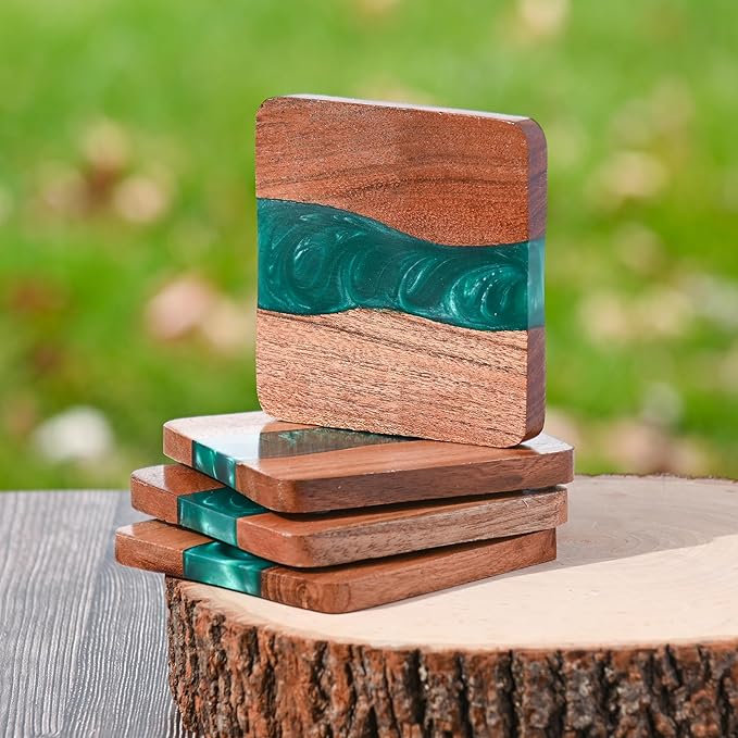 Rustic Wood Coasters Set of 4, Epoxy Resin, 4x4 Inches, With Holder