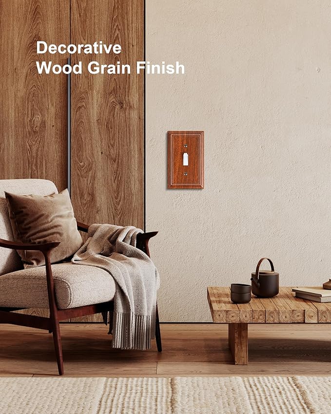 4-Pack Single Toggle Light Switch Cover Plate, Durable Natural Bamboo Fiber Decorative Switch Plate Covers, Wood Grain 1 Gang Wall Plate, Corrosion Resistant