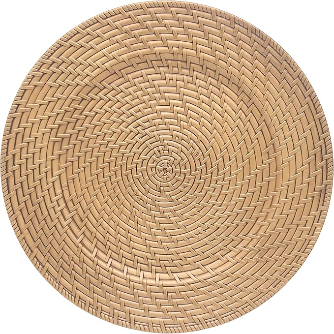 13 Inch Antique Gold Charger Plates Set of 6 Round Plastic Plates Matte Finish Faux Rattan Woven Texture Charger plates for Wedding Party Christmas
