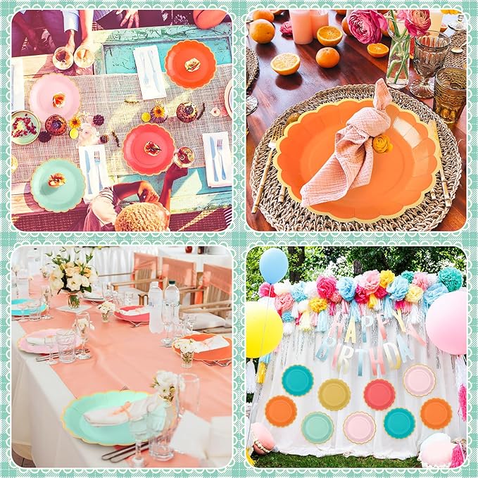 96 Pcs Colorful Coral Paper Plates 9 Inch Pastel Rainbow Scalloped Paper Plates Disposable Dinner Dessert for Birthday Wedding Bridal Party Supplies, 6 Colors