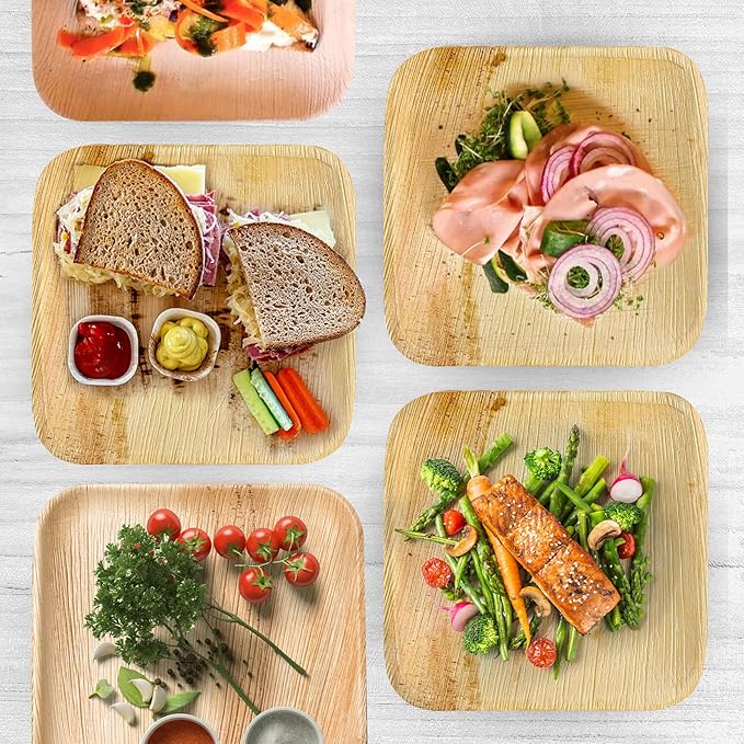 Raj Palm Leaf Plates Bulk [50-Pack] 10" Square Plates (3 CASES - 150 PACK) like Bamboo plates Disposable, Strong, Decorative Compostable Tableware for weddings, Lunch, Dinner, Birthday, Camping