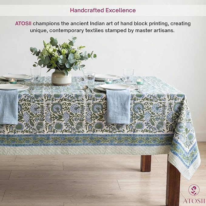 ATOSII Clover Blue 100% Cotton Square Fall Tablecloth, Handblock Floral Linen Table Cloth for Kitchen Dining Table I Parties Christmas Thanksgiving I Fall Home Decor 60 X 60 Inches I 4 Seater