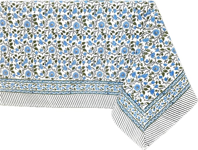 ATOSII Lake Como 100% Cotton Rectangle Fall Tablecloth, Handblock Floral Linen Table Cloth for Kitchen Dining Table I Parties Weddings Outdoors Easter Picnic I 60 X 90 Inches I 6 Seater