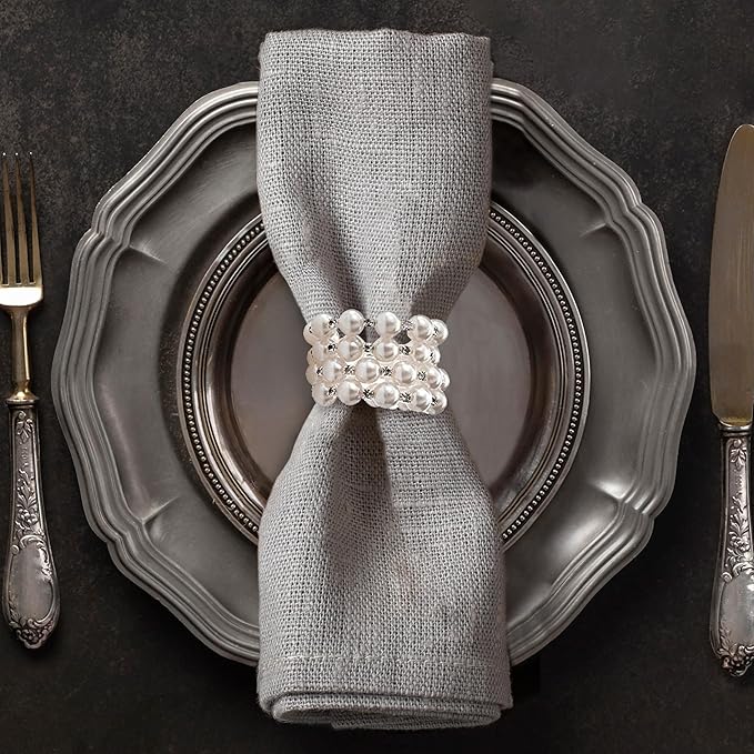 Decozen Set of 4 White Napkin Rings with Pearl Design, Festive, Table Decor Setting for Holiday, Wedding, Birthday, Kitchen, Home Decor, Housewarming Gift - Mothers Day Decorations