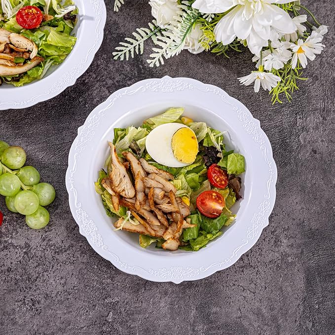 DaYammi 50 Pack White Plastic Bowls, 12oz Disposable Soup Bowls, White bowls Disposable Heavy Duty Dinner Bowls for Weddings, Salad Bowl for Parties, Dinners, Catering and Everyday Use