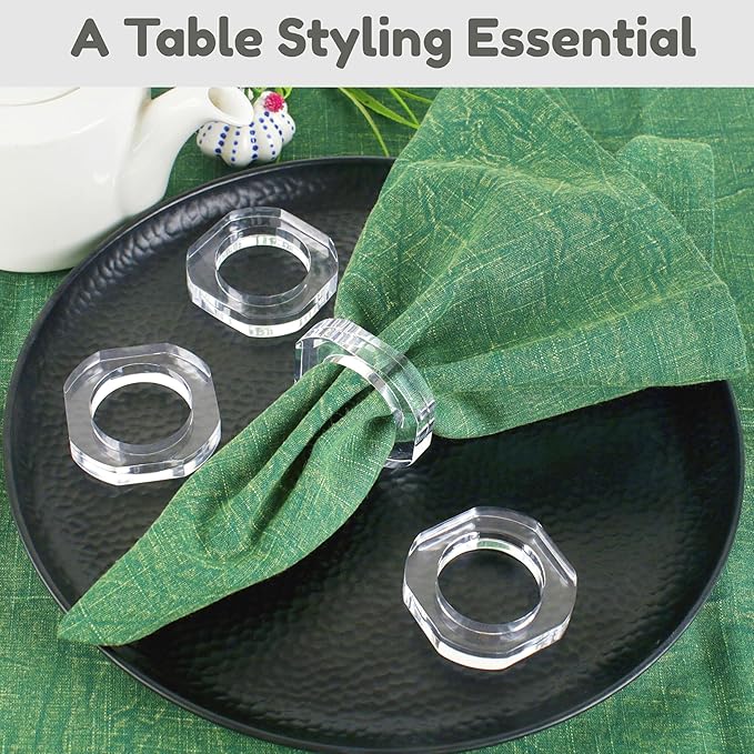 ALPHA Living HOME Acrylic Napkin Rings Set of 12-Elegant Napkin Holders for Cloth Napkins, Classic Round Serviette Rings for Dining Table Décor, Weddings, Banquets, Parties & Gatherings (Transparent)
