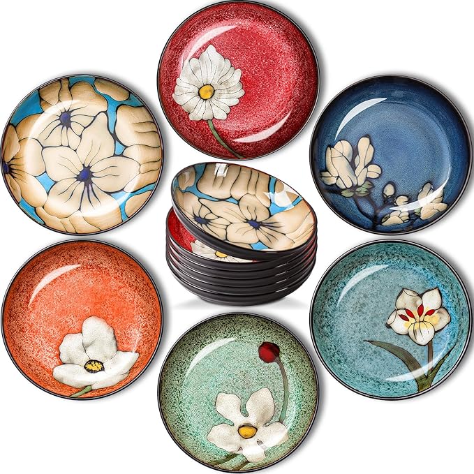 Maxdot Ceramic Dinner Plates Set of 6, 8.5 Inch Underglaze Painting Salad Plates, Glazing Process Floral Ceramic Gift Dishes for Steak Salad Pasta Appetizer, Microwave, Oven and Dishwasher Safe