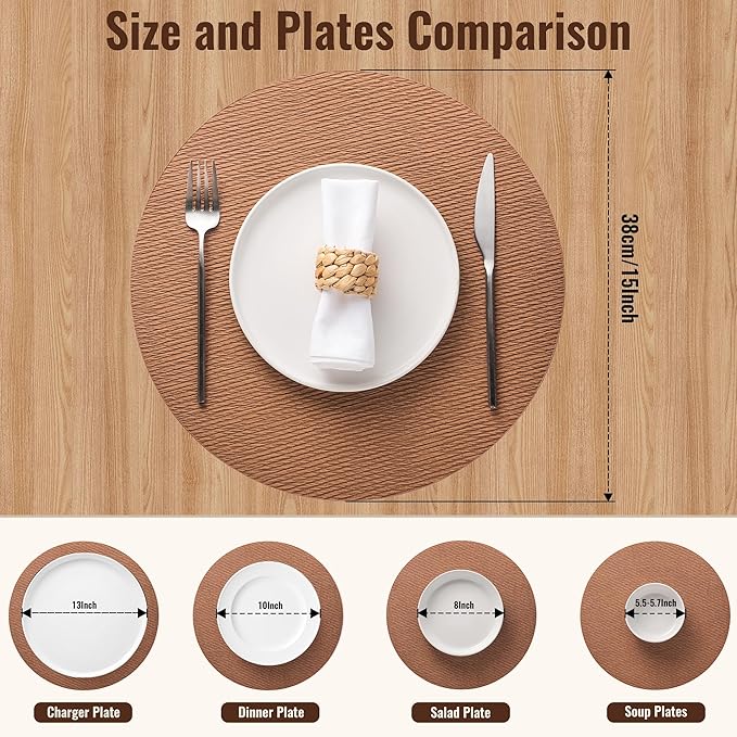 Jovono 15" Faux Leather Big Round Placemats Set of 8 - Washable Heat Resistant Non-Slip Dining Table Mats with Fabric Texture for Kitchen Home Party Decor, Brown