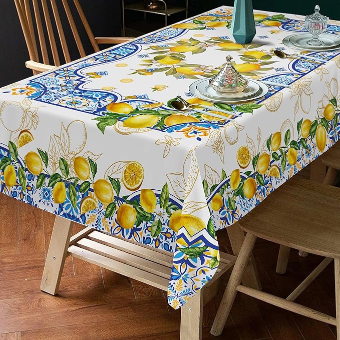 Lemon Tablecloth 60 x 120 Inch Rectangle, Yellow and Blue Mediterranean Summer Decor Tile Flower Pattern Table Cloth Italian Themed Decor for Party Oblong Table Cover for Dining Room