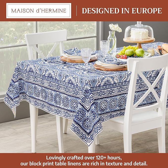 Maison d' Hermine Table Cloth Square Table 100% Cotton 54 x 54 Inches Tablecloth Reusable Decorative for Dining Room Farmhouse Home Valentines Day Decorations Spring Summer - Melodie Bleue