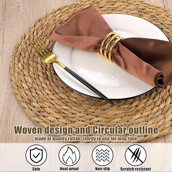 Kochorie Set of 12 Round Woven Placemats - 13.8 Inches Natural Boho Rattan Wicker Table Mats for Home Dining Table