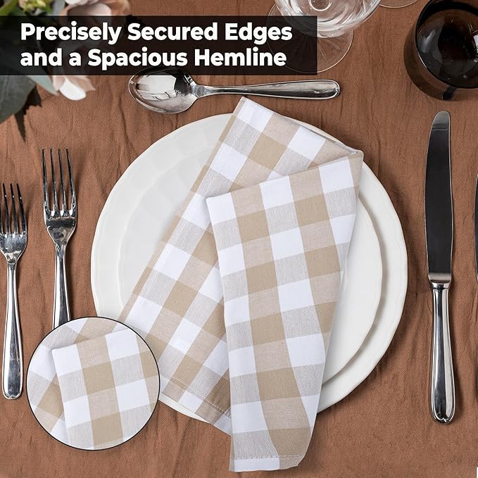 Urban Villa Cotton Dinner Napkins Set of 6, Highly Absorbent 20x20 Inches Premium Cloth Napkins Hotel Quality Reusable & Washable Table Dinner Napkins for Home & Weddings - Taupe/White, Checks