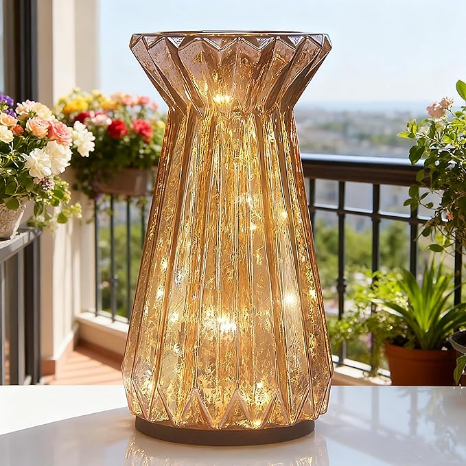 Home Decor, Mercury Glass Pillar Candle Pedestal Holders with led Lights, Lighted up Candle Holder for Pillar Candle, Glass Candlestick Holders with Timer for Wedding Dining Table Xmas (Rosegold)