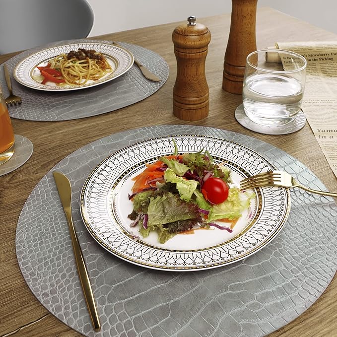 Round Leather Placemats for Round Tables Set of 8, Gray Table Place Mats and Coasters, Washable Easy to Care for Indoor Decor 13" Diameter