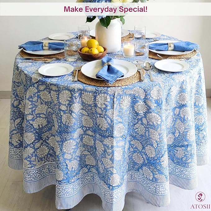 ATOSII Azora Blue 100% Cotton Round Tablecloth, Handblock Print Floral Table Cloth for Kitchen Dining Linen I Parties, Weddings, Outdoors I 90" Inches Round
