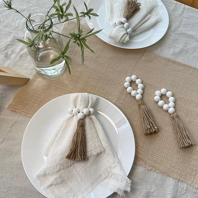 Napkin Rings Set of 12,Wooden Napkin Ring,Wood Bead Elastic Farmhouse Napkin Holder with Tassel,Boho Napkin Rings for Table Decor,Weeding,Dinner,Party (White)
